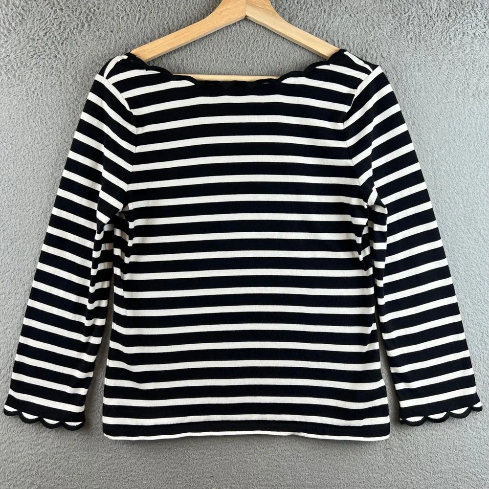 Kate Spade Black White Striped Scalloped Neck Long Sleeve Cotton Top Nautical T